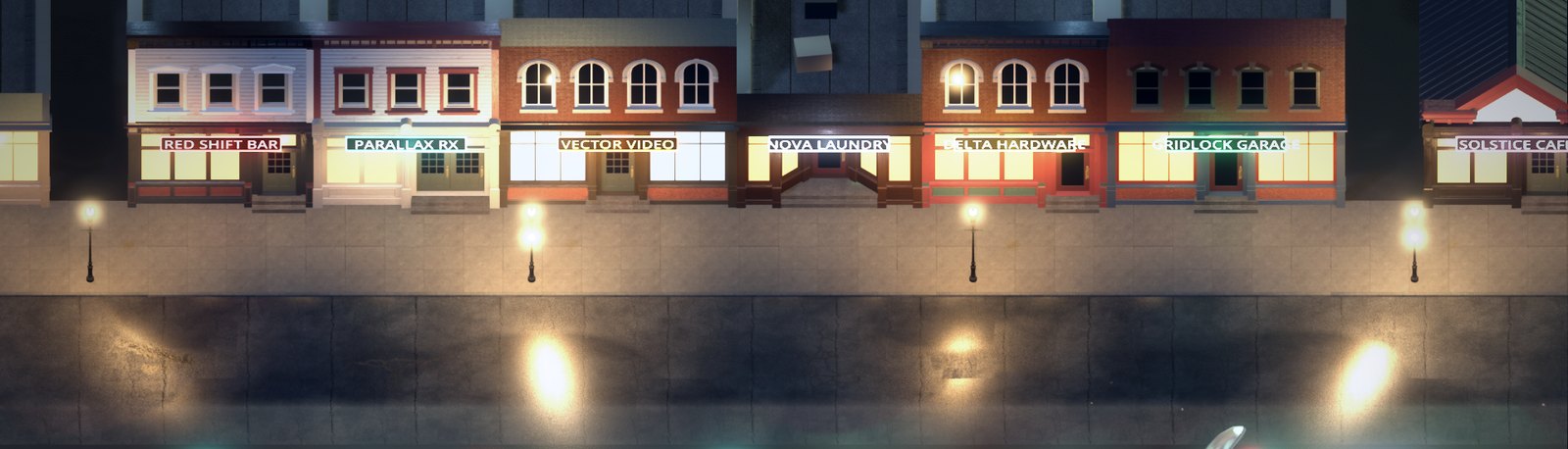 A row of small-town shops at night with lit windows and neon signs, street lamps reflecting on the road